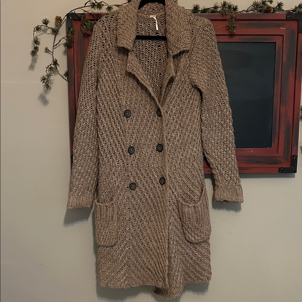 Free People Tan Knit Long Cardigon